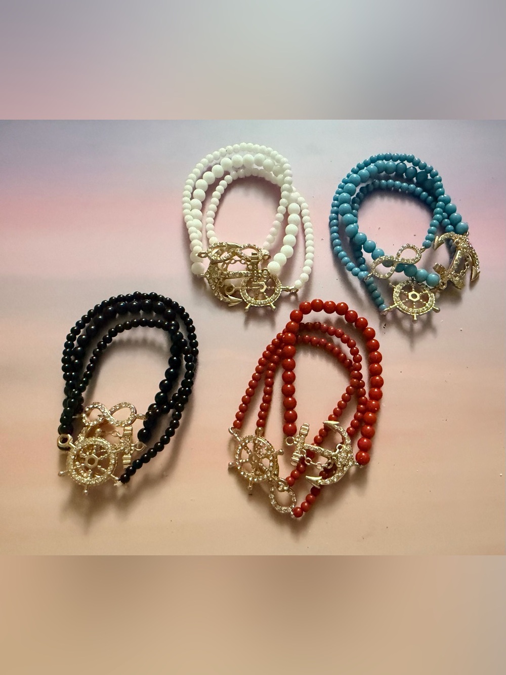 Vintage Set of 3 Boat Anchor Helm Infinity Sailing Charm Beaded Charm Bracelets